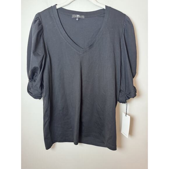 7 For All Mankind Black Puff Sleeve V Neck Top Large NWT - Picture 2 of 10